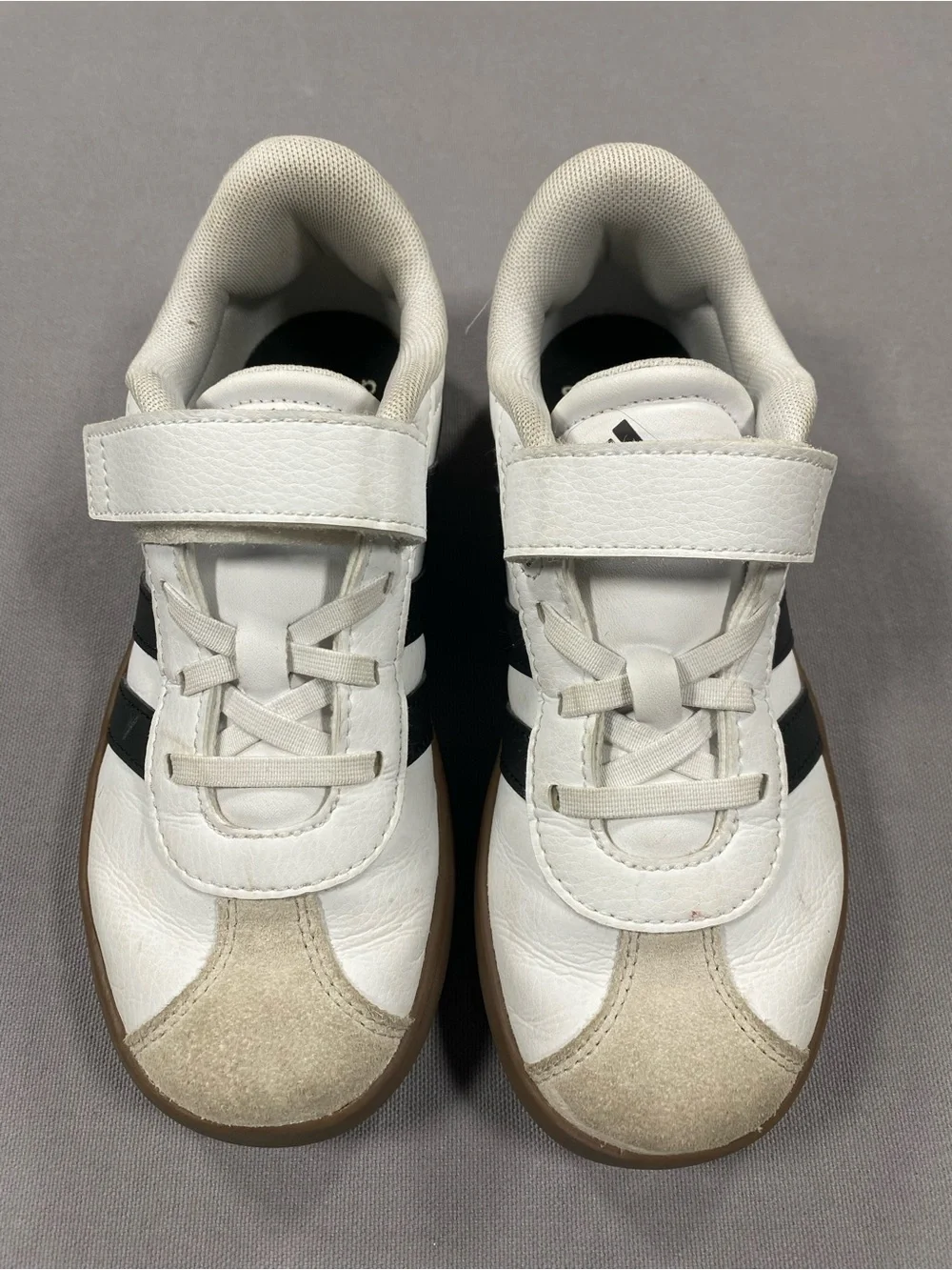 adidas White and Black Kids Velcro Strap Sneakers with Gum Sole